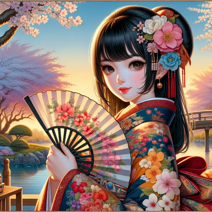 Serene Kimono Garden | Young East Asian Girl at Sunset