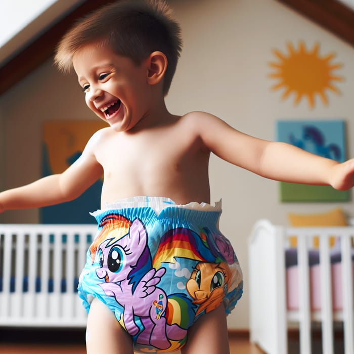6-Year-Old Boy Playfully Wearing Colorful My Little Pony Diaper