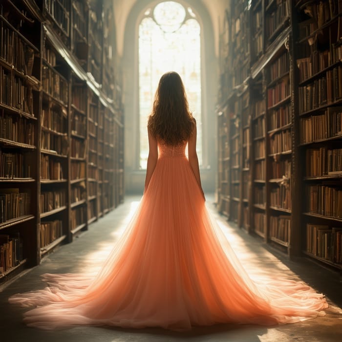 Enchanting Young Girl in Salmon Pink Gown in Ethereal Library