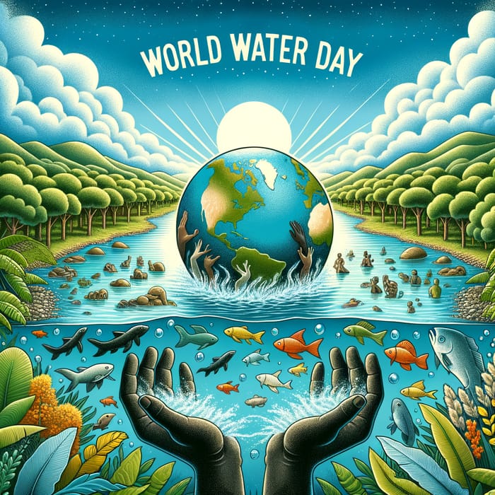 Celebrating World Water Day: Illustration of Aquatic Life in a Verdant Landscape