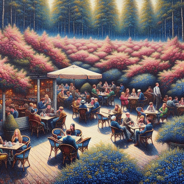 Vibrant Cafe Scene with Blueberry Blooms | Artistic Painting