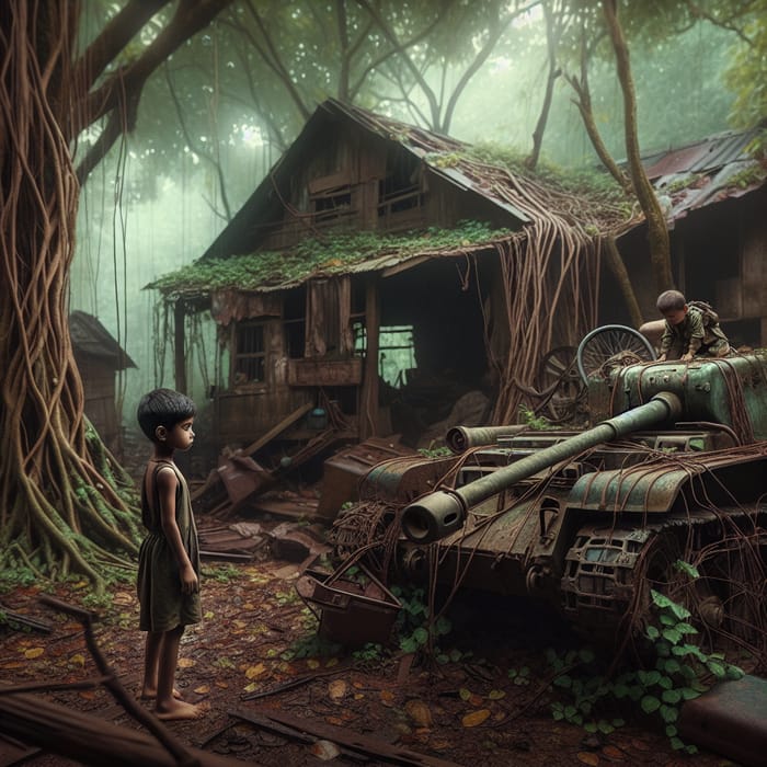 Curiosity of a Boy in an Abandoned Village