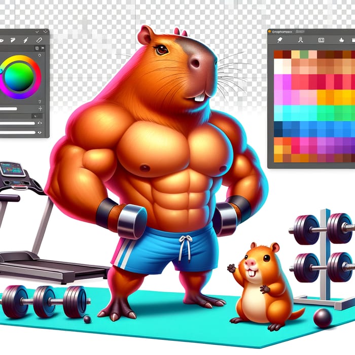 Vibrant Muscular Capybara Cartoon Gym Scene with Dumbbells & Baby