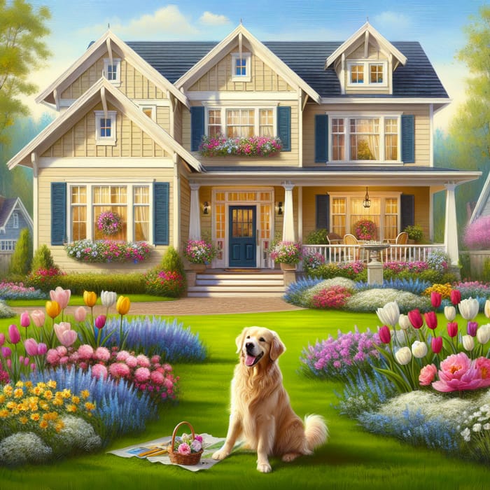 Charming Two-Story House with Blooming Garden and Friendly Dog