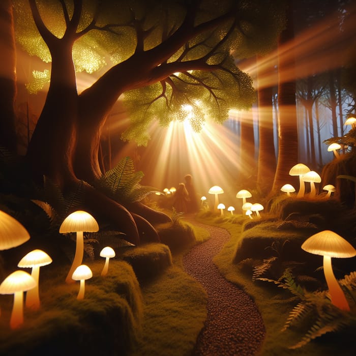 Dreamlike Mystical Forest: Glowing Mushrooms, Hidden Pathway