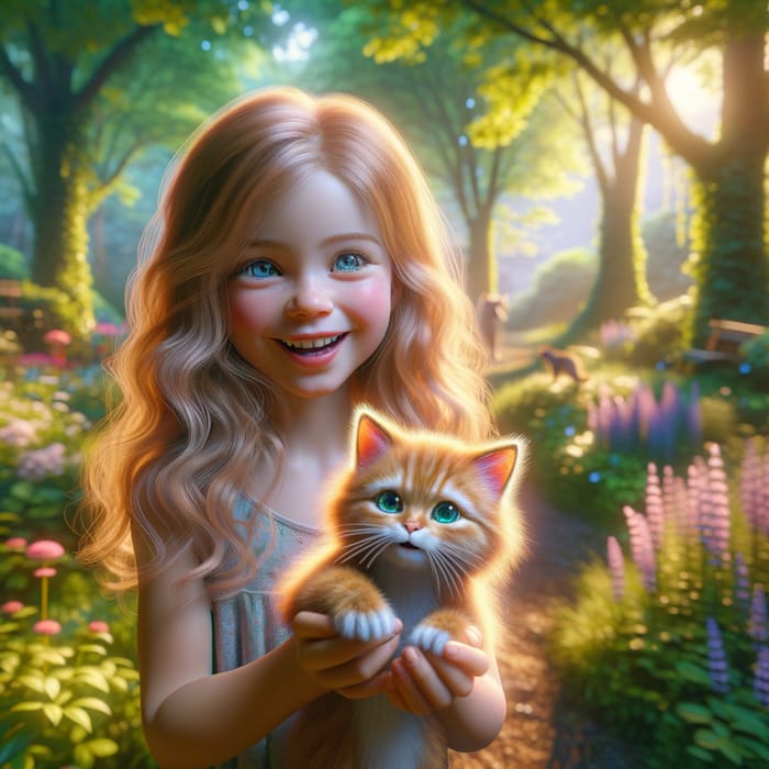 Enchanting Scene of Young Caucasian Girl Catching Ginger Cat in Vibrant Park