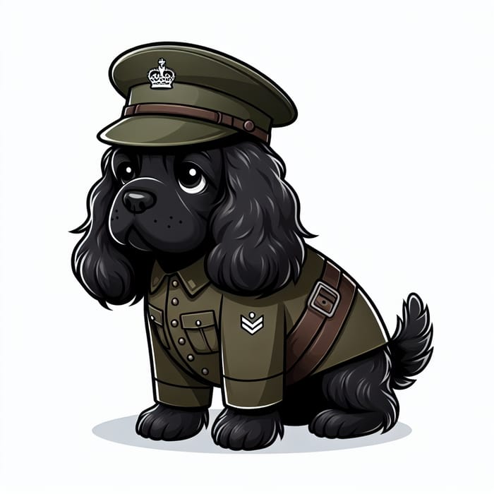 Cartoon Black Cocker Spaniel in Army Attire