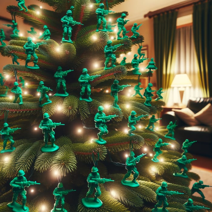 Christmas Tree Decorated with Small Plastic Army Green Soldiers