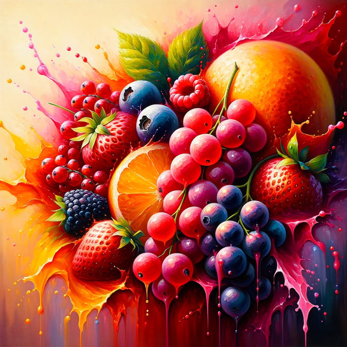 Vivid Impressionist Fruit & Berry Painting, Grape & Raspberry in Juicy Motion