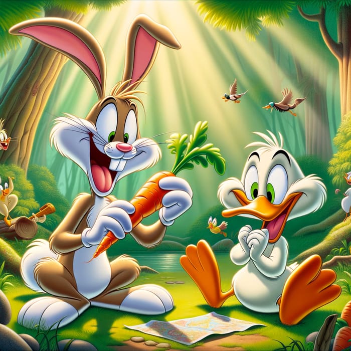 Playful Bunny and Clever Duck in Lush Woodland