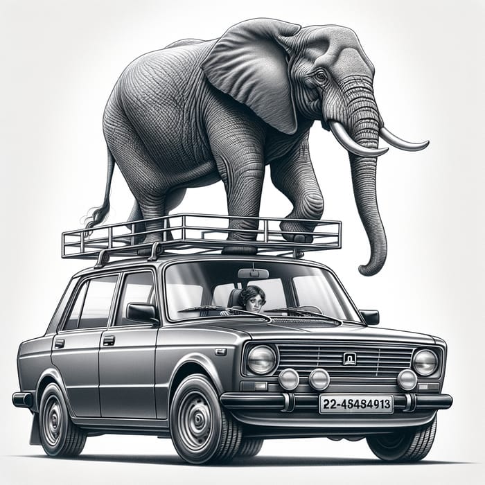 Realistic Illustration: Lada Granta Car with Elephant on Roof Rails