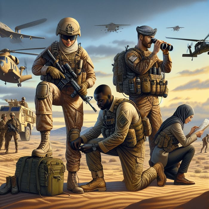 Diverse Soldiers Unite in Engaging Desert Scene