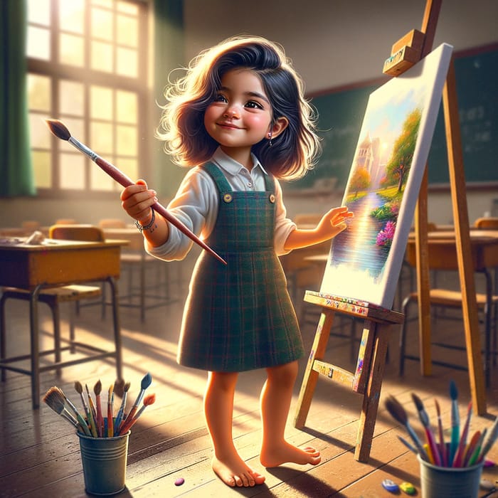 Radiant Hispanic Girl Painting Masterpiece in School