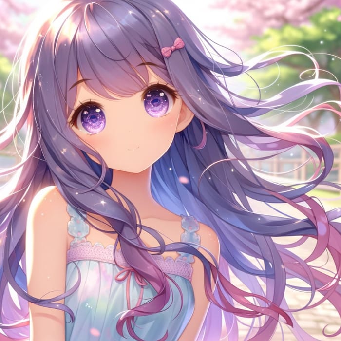 Serenity in Purple: Anime Girl with Sparkling Eyes | Cherry Blossom Scene