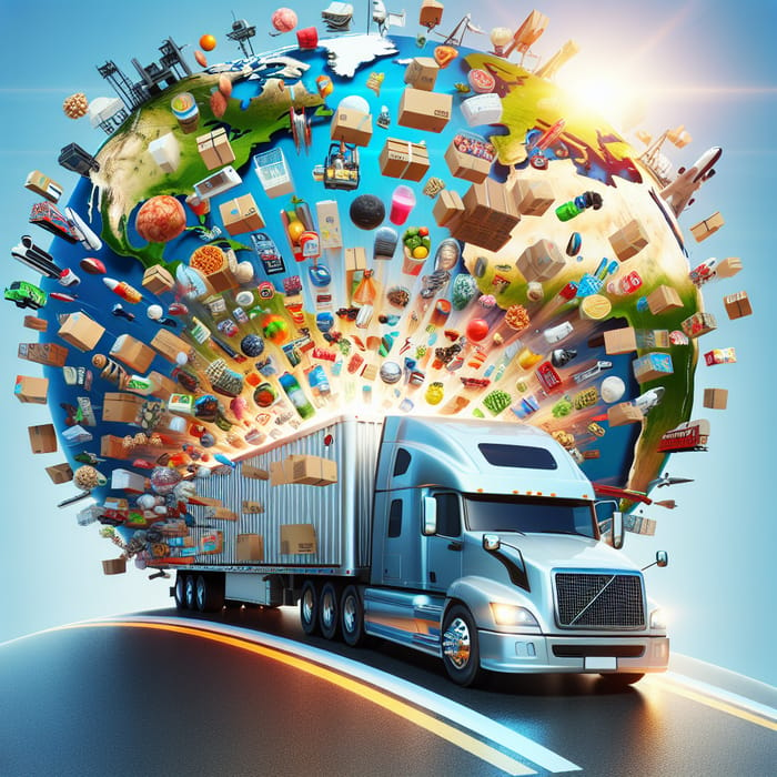 Brands Worldwide: Freight Truck Delivering Diverse Goods Across Equator