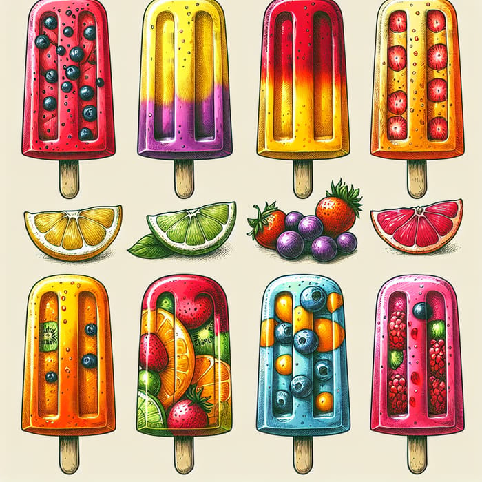 Vibrant Fruit Popsicles in Various Flavors