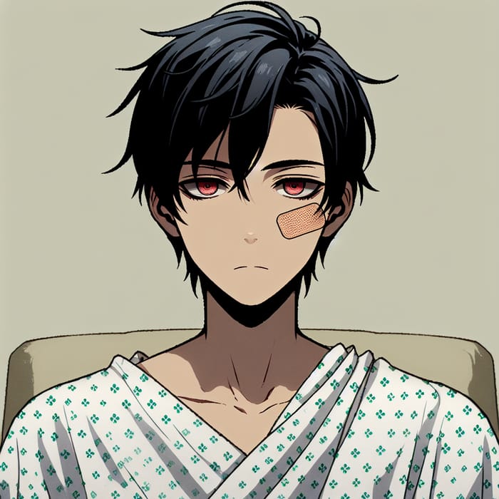 Serious Young Man in Anime-Inspired Hospital Gown Art Style