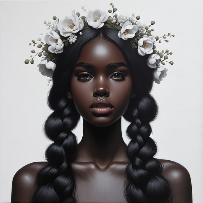 Realistic Oil Painting of Black-Brown Skinned Woman with Floral Head