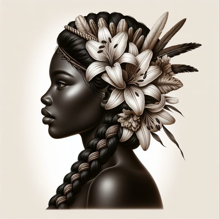 Realistic Antique Black Woman, Purple Flowers, Native Feathers