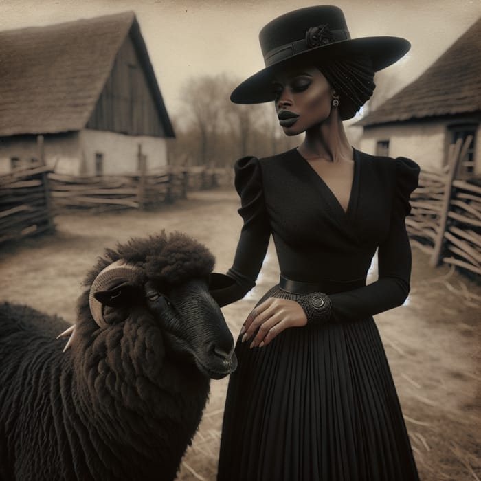 Vintage Black Woman in Stylish Country Setting with Sheep