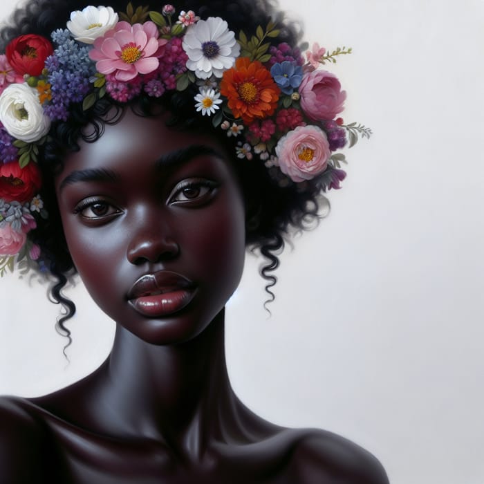 Realistic Oil Painting of Floral Head Black Woman