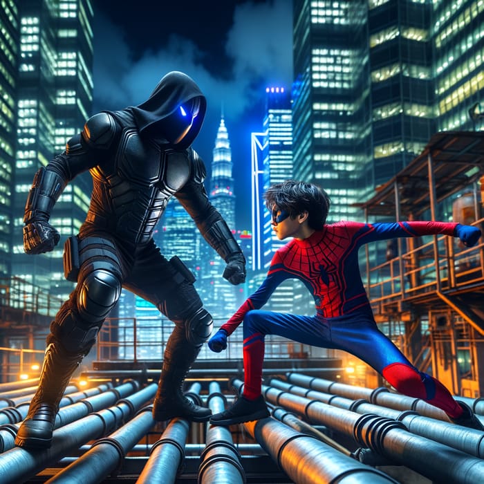 Batman vs. Spiderman: Intense Night Battle - Urban Skyscraper Clash