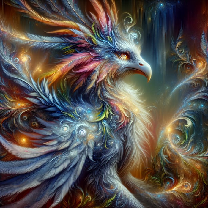 Ethereal Fantasy Creature with Vibrant Feathers and Glowing Eyes