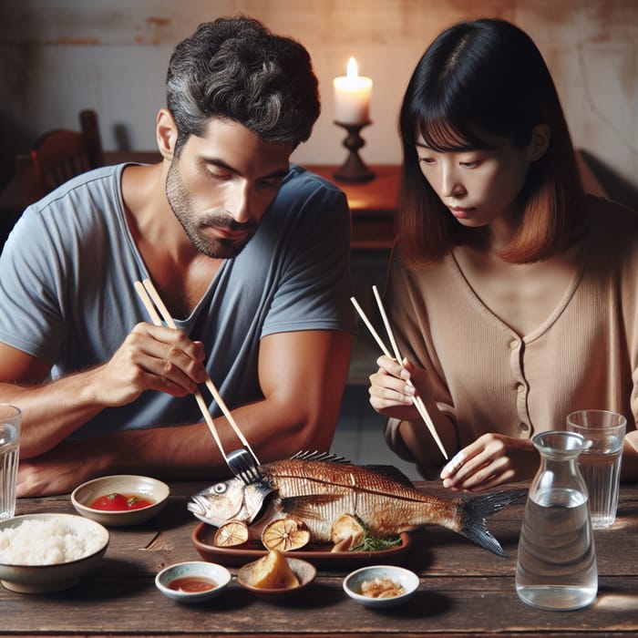 Intimate Meal Scene: Couple Sharing a Delicious Fish Dish