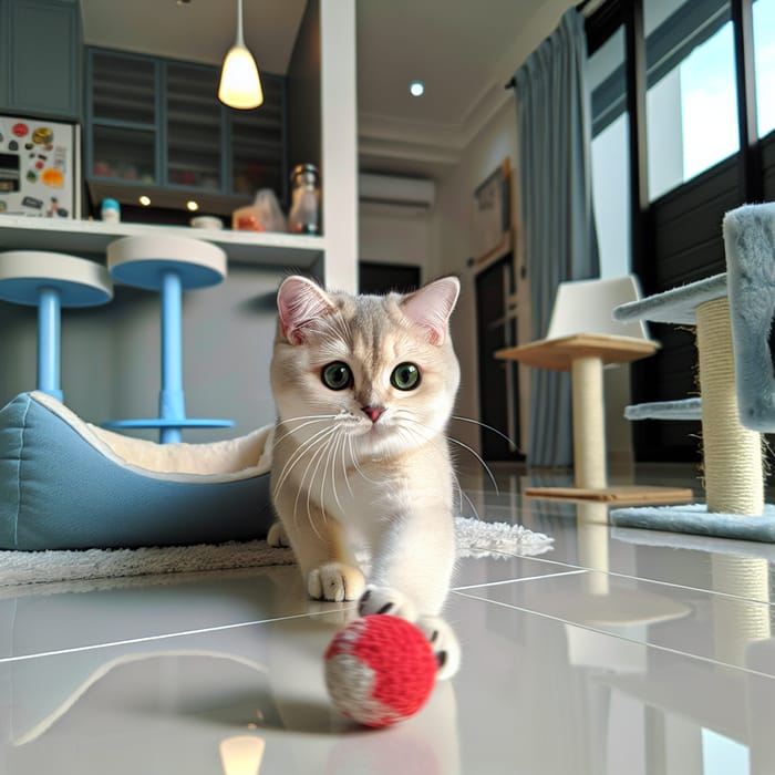 Agile Domestic Short-Haired Cat Playing in Modern Setting
