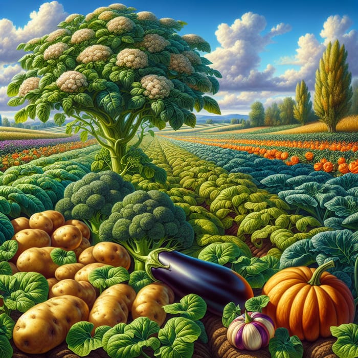Colorful Vegetable Field: Potato, Broccoli, Pumpkins, and Eggplants