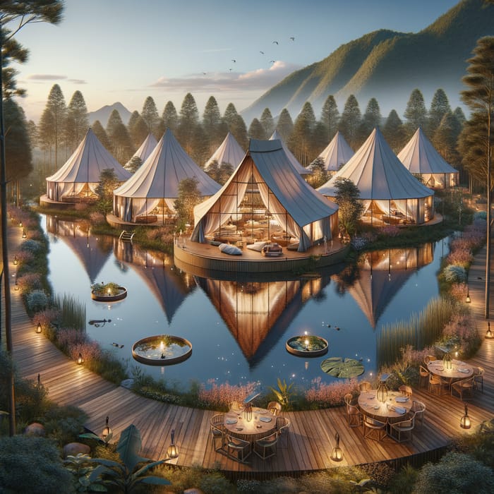 Enchanting Glamping Resort with Spectacular Pond Views | Rustic Elegance & Nature Harmony