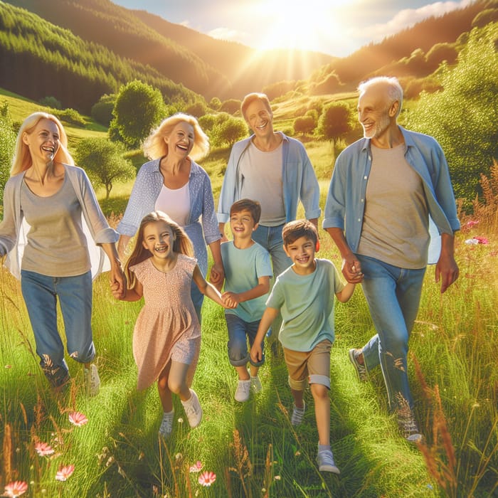 Happy White Family Enjoying Nature with Grandparents and Kids