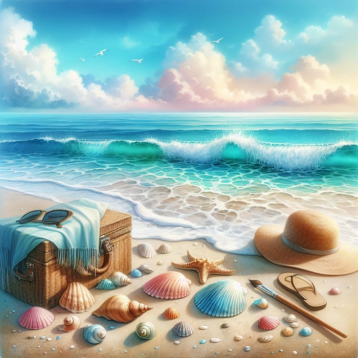 Tranquil Beach Watercolor Art | Seashells, Sun Hat & Ocean Waves