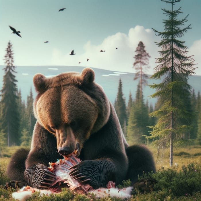 Brown Bear Eating in Forest