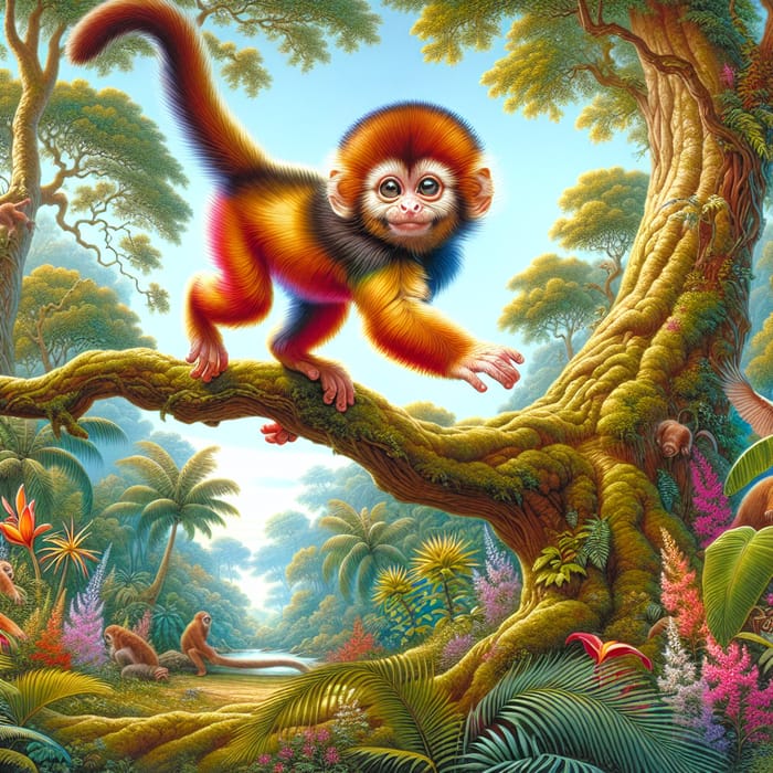 Curious Monkey Swinging Through Vibrant Jungle, AI Art Generator
