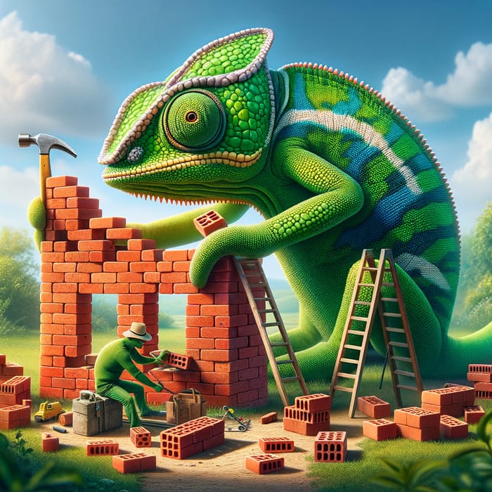 Green Chameleon Building a Brick Structure | Serene Garden Scene