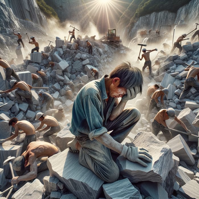 Tired Laborer in Chinese Quarry: Battling the Sun's Intensity