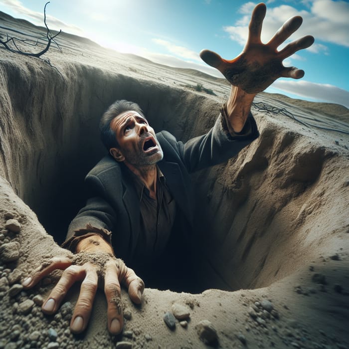 Middle-Aged Man Trapped in Deep Hole, Reaching for Help
