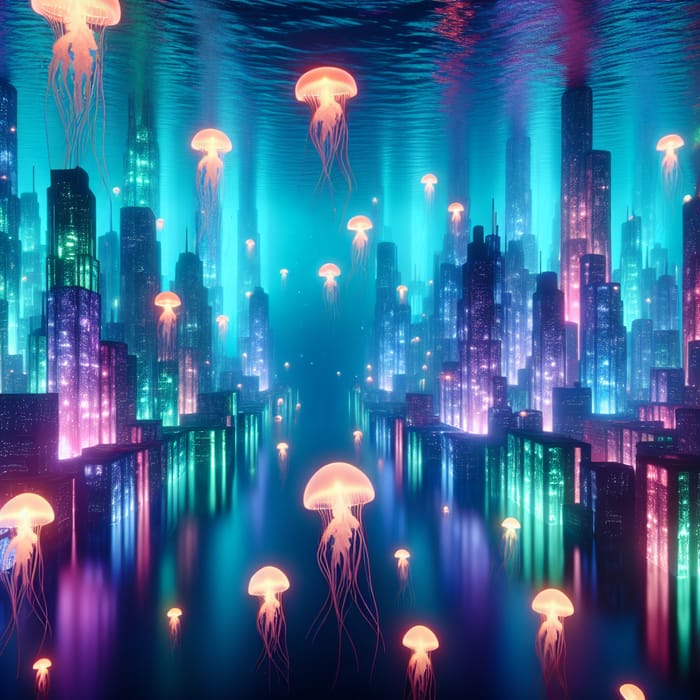 Surreal Underwater Cityscape: Glowing Jellyfish & Neon Colors