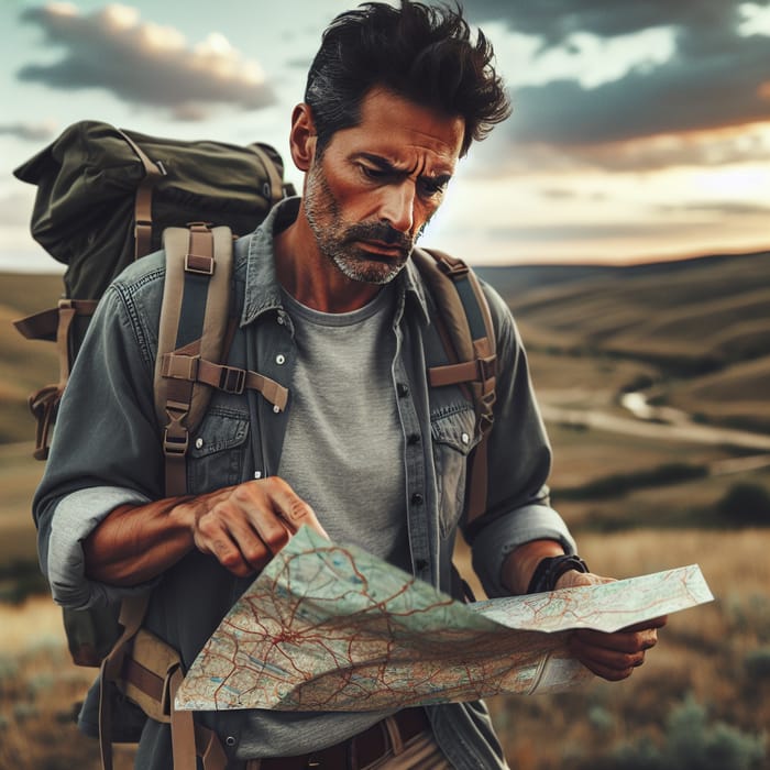 Adventurous Man with Map in Wilderness