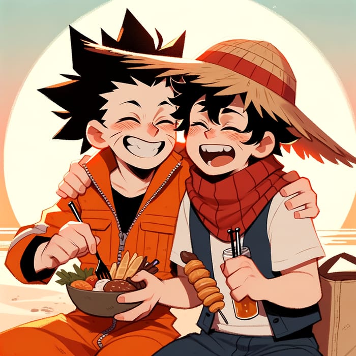 Goku and Luffy Kissing on Beach at Sunset