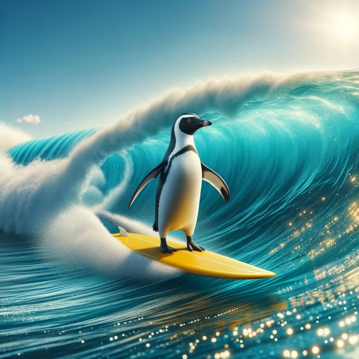Penguin Surfing on a Yellow Board in Azure Waves