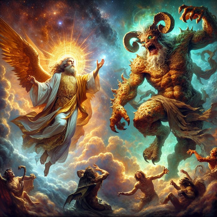 God vs Monster - Epic Battle Under Celestial Twilight Sky