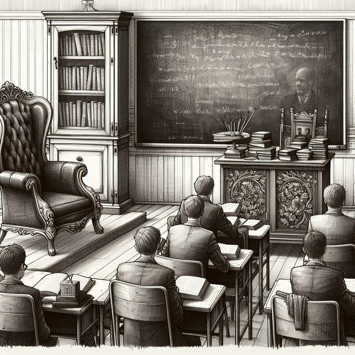 Classroom Drawing with Armchair, Blackboard, and Cabinet