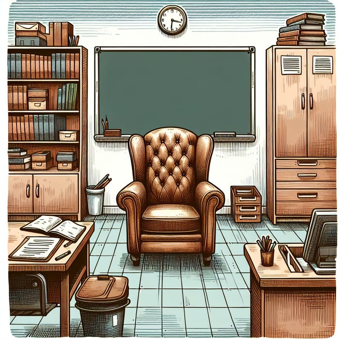 Classroom Drawing with Armchair, Blackboard, and Cabinet
