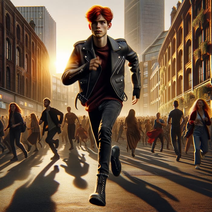 Vibrant Red Hair Teen in Black Jacket Running Through Urban Crowd