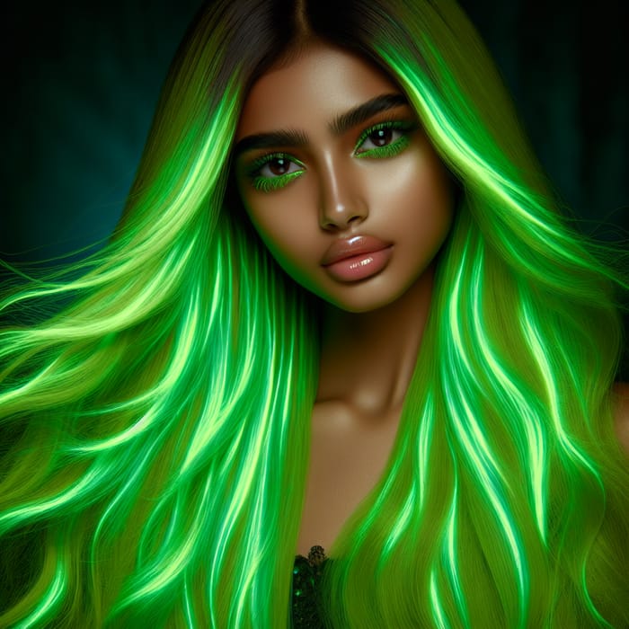 Stunning Girl with Long Neon-Colored Hair in Green