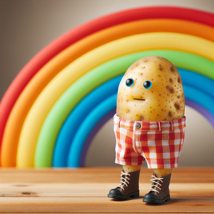 Potato in Bermuda Shorts on Rainbow - Colorful Scene