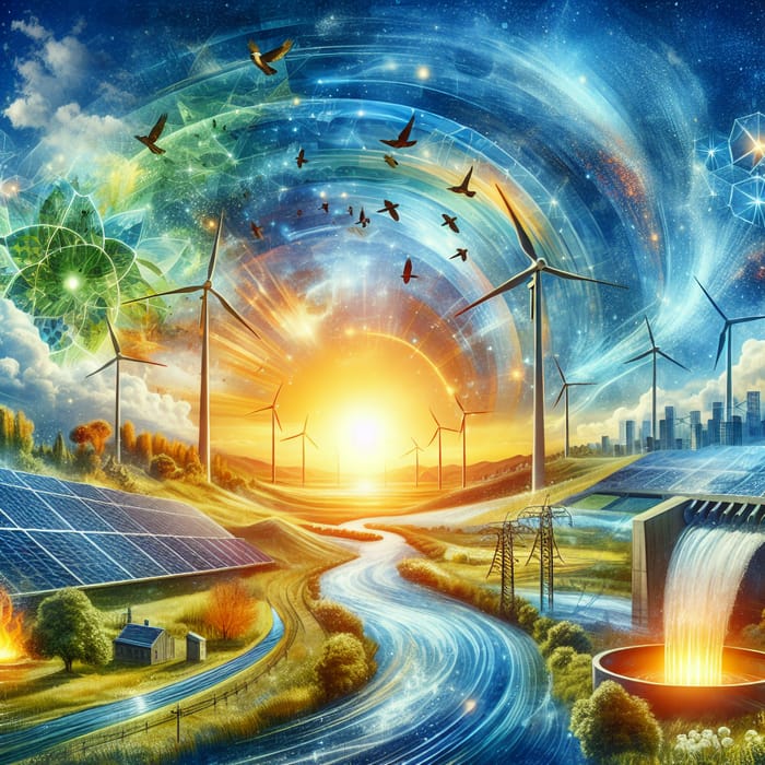Abstract Representation of Renewable Energy | Glorious Sunrise, Solar Panels, Wind Turbines and More