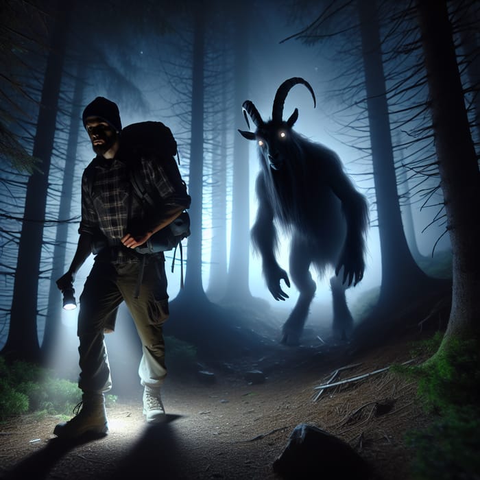 Encounter with Goatman: Nighttime Hiker Horror Scene